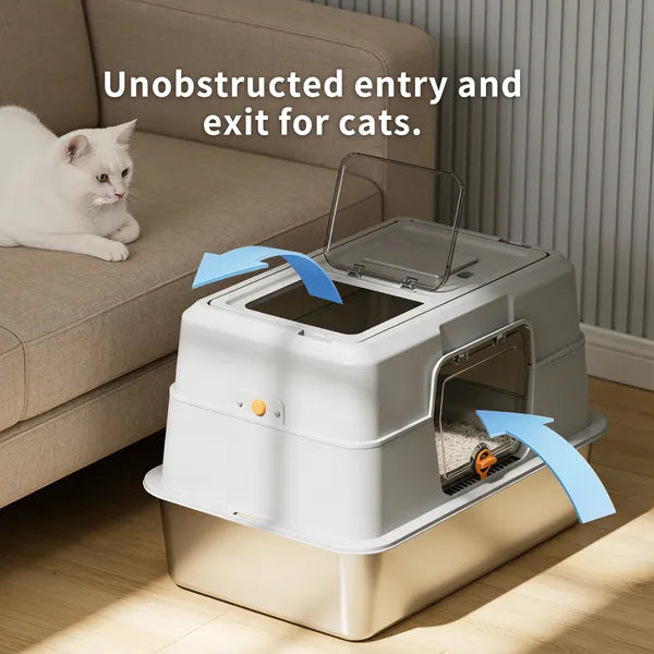 Thick Stainless Steel Fully Enclosed White Cat Toilet, Sturdy, Bite Proof, Leak Proof, Providing Greater Comfort For Cats In Large Spaces