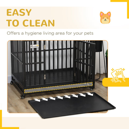 45" Heavy Duty Dog Crate, Escape-Proof Steel Kennel with Wheels, Black