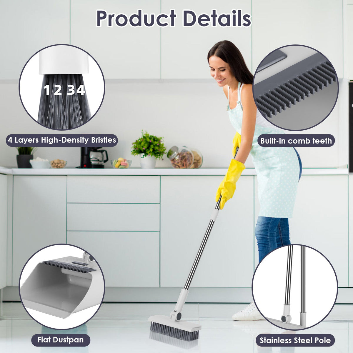 1Set Broom And Dustpan Combo Set With Squeegee Stainless Steel Handle 4 In 1 Upright Standing Broom And Dust Pan For Indoor Outdoor Garage Kitchen Room Office Sweeping