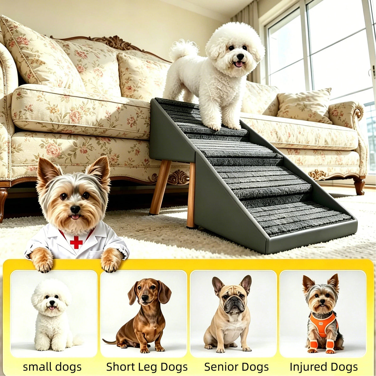 2-in-1 Dog Stairs for Bed and Couch 19.69" Foldable Dog Ramp for Couch 4 Pet Steps  & Ottoman for Small Dogs, Grey