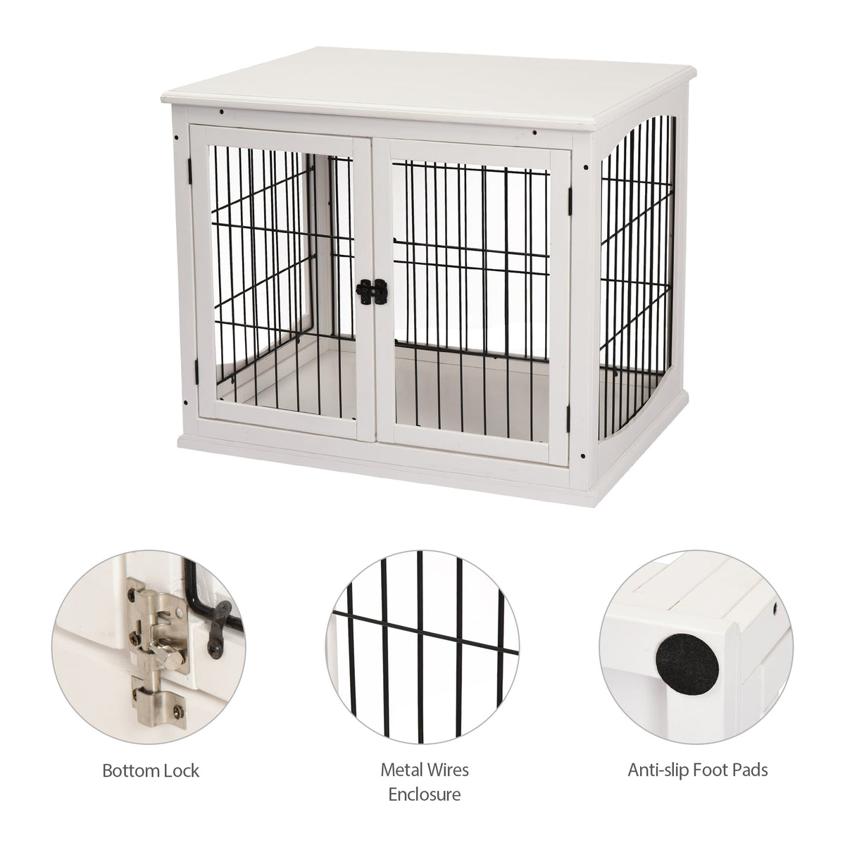 Dog Crate Furniture, 32" Small Dog Cage End Table with 2 Doors, Lockable Door, Puppy Kennel Indoor, White