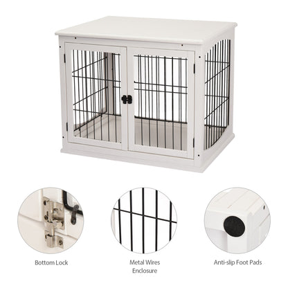 Dog Crate Furniture, 32" Small Dog Cage End Table with 2 Doors, Lockable Door, Puppy Kennel Indoor, White