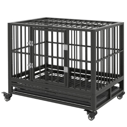 Heavy Duty Dog Crate Metal Cage Kennel With Lockable Wheels, Double Door And Removable Tray, Gray