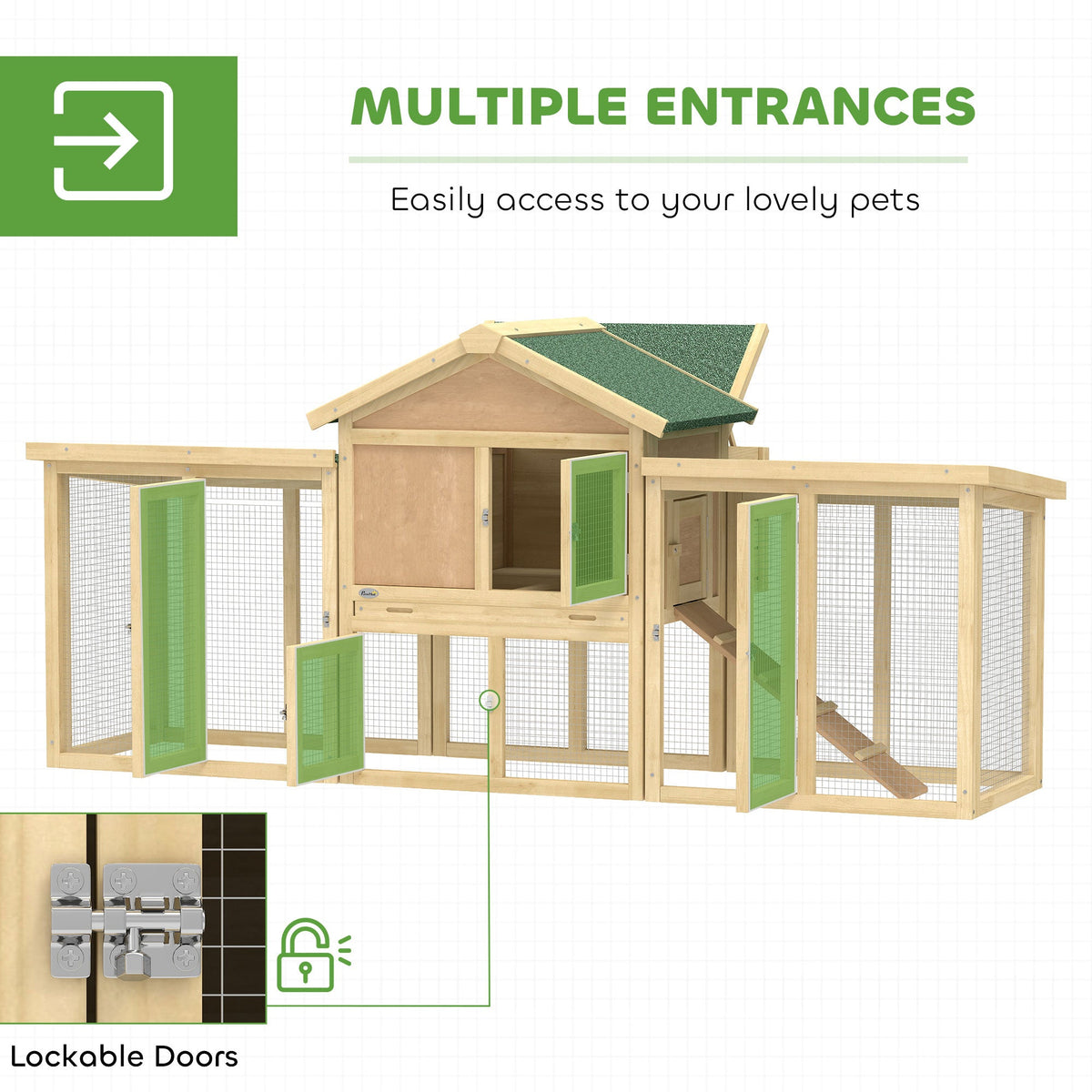 Wooden Chicken Coop ith Nesting Box, Double Runs, Removable Tray, Ramp, for Garden Backyard