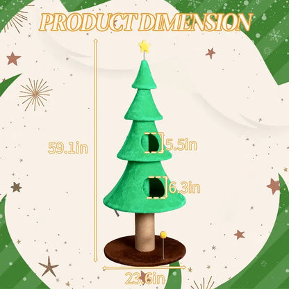 59in Large Tall Christmas Tree Cat Tower With 2 Cat Condos & Scratching Post, Soft Fleece Cat Tree With Teaser Toy & Sturdy Base & Built-in Openings For Indoor Cats, Green
