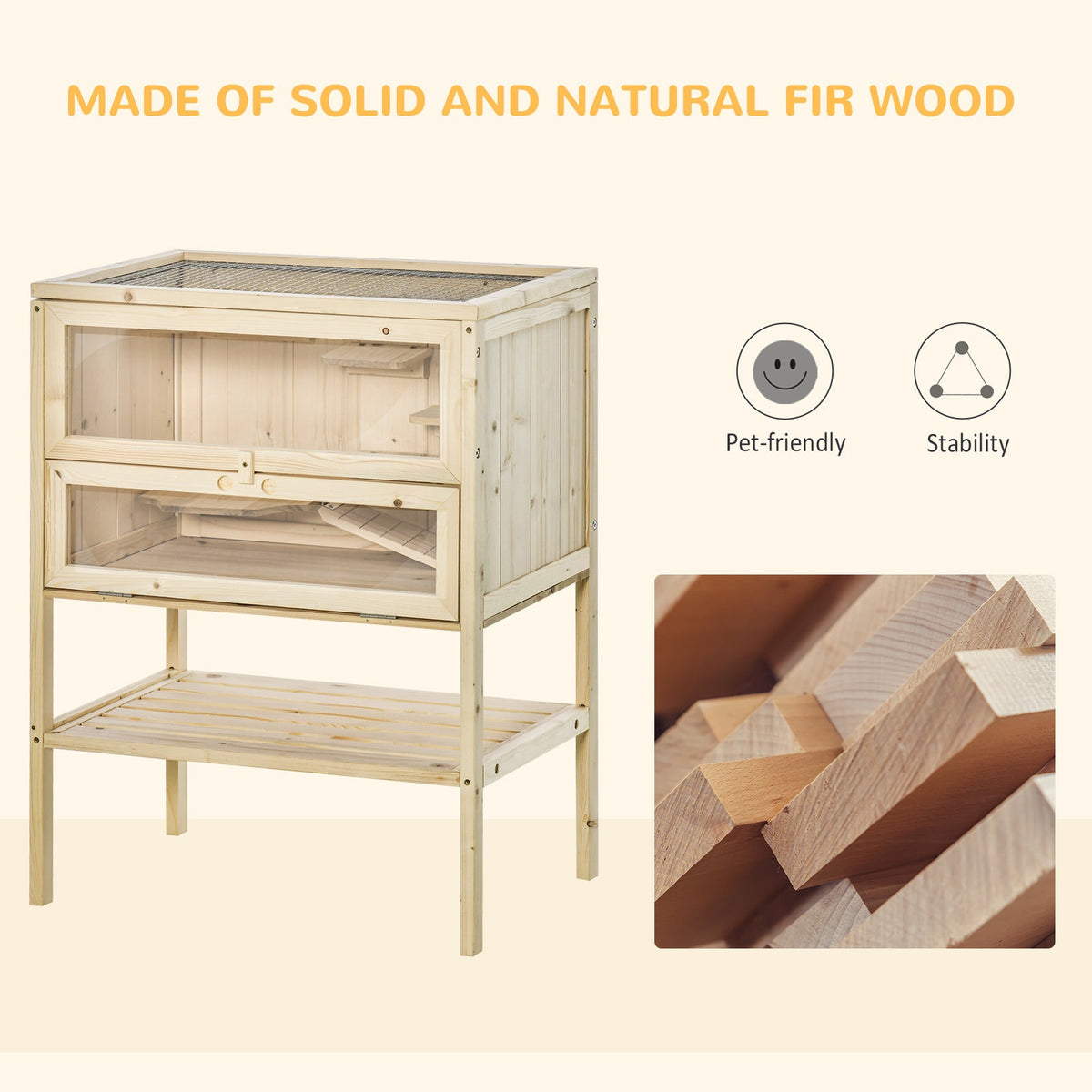 3-Tier Wooden Hamster Cage Mice and Rat Cage Small Animals Hutch with Openable Top, Front Door, Shelf, Natural Wood