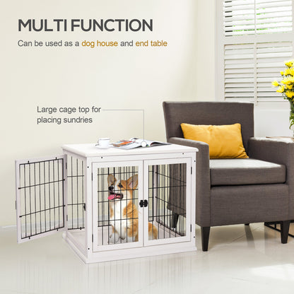 Dog Crate Furniture, 32" Small Dog Cage End Table with 2 Doors, Lockable Door, Puppy Kennel Indoor, White
