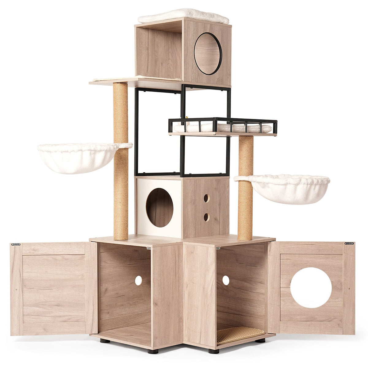 63" Multi-Functional Cat Tree with Litter Box - Includes Removable Washable Cushion, Scratching Posts & Toy Hanger, Modern Design, Rustic Gray