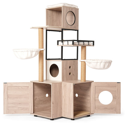 63" Multi-Functional Cat Tree with Litter Box - Includes Removable Washable Cushion, Scratching Posts & Toy Hanger, Modern Design, Rustic Gray