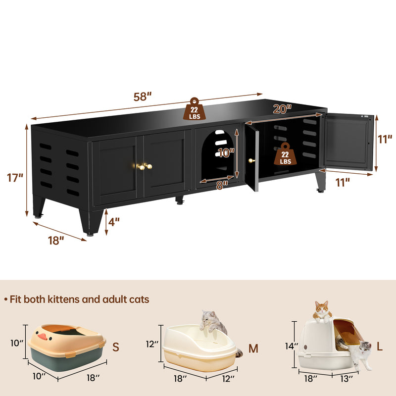 58in Metal Cat Litter Box Enclosure, Hidden Litter Furniture For 2 Cats, Large Indoor Cat House TV Stand Cabinet W Ventilation & 2 Compartments, Black Modern Pet Washroom W Adjustable Legs