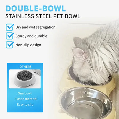 Anti Slip Base Double Cat Food Bowl, White Stainless Steel Food And Water Bowl, Easy To Clean And Detachable Design, Cat And Dog Pet Feeder
