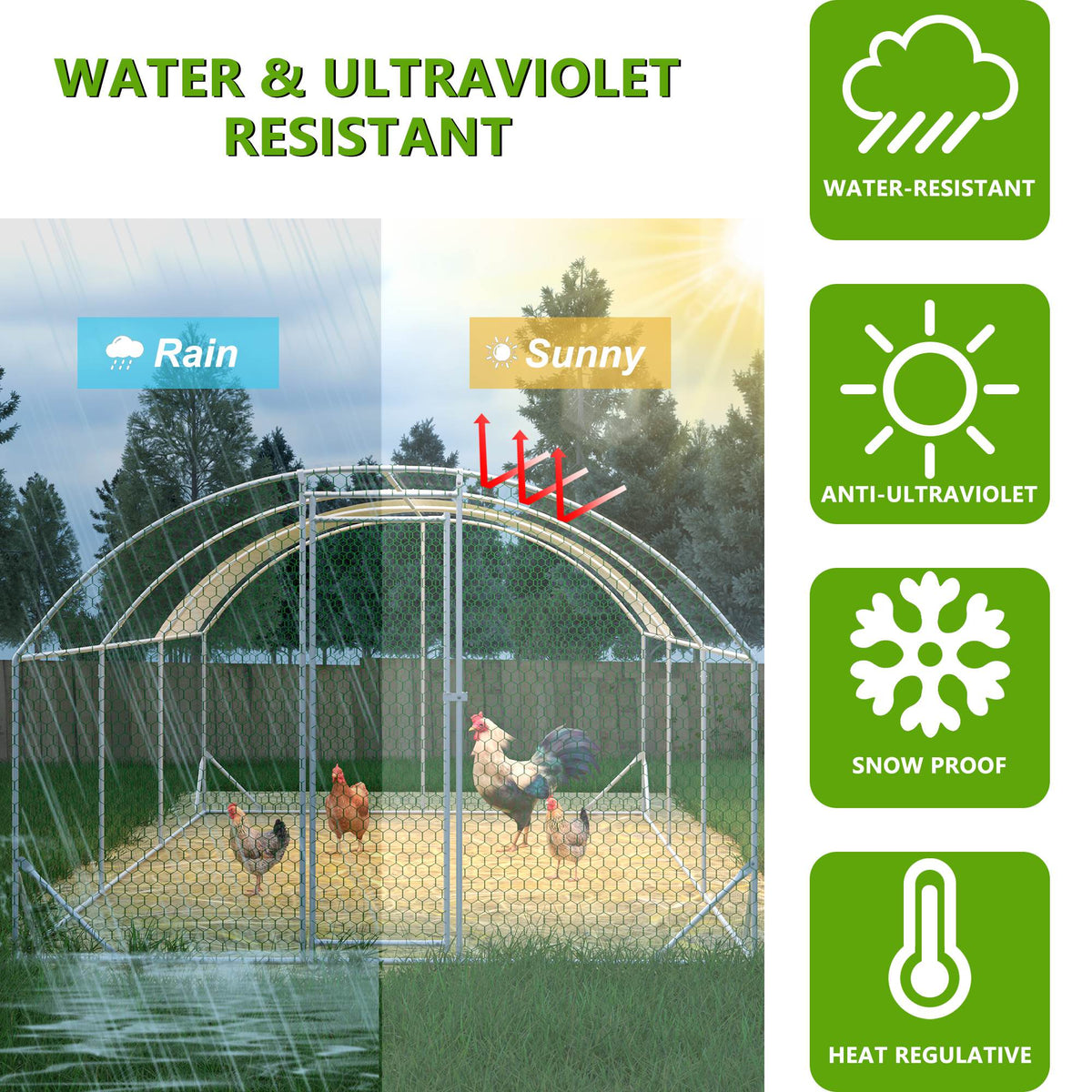 Large Chicken Coop Metal Chicken Run With Waterproof And Anti-UV Cover, Dome Shaped Walk-in Fence Cage Hen House For Outdoor And Yard Farm, 9.84 X 19.68 X 6.56 Ft