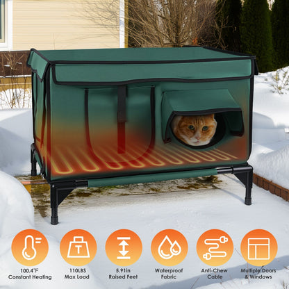 1Pc Waterproof Heated Cat House Outdoor Weatherproof Insulated Kitty Shelter Feral Cat Heating Bed With Heating Pad Anti-Chew Cord 2 Doors 3 Windows For Indoors Outdoors Winter Summer