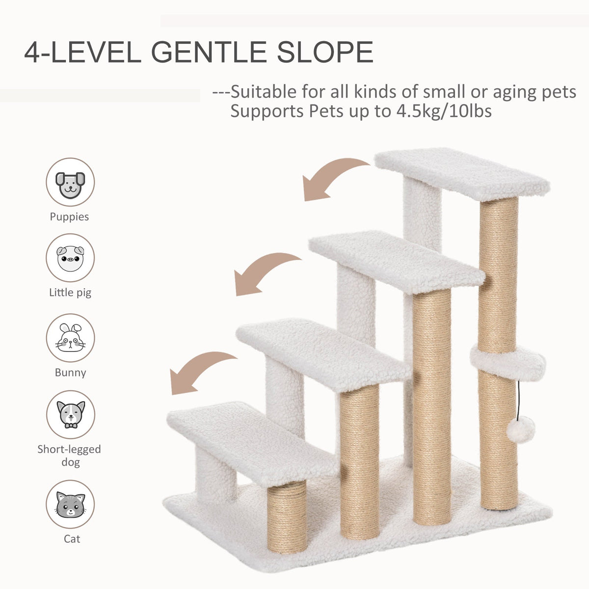 4 Levels Cat Steps with Scratching Posts for High Bed, Sofa, White