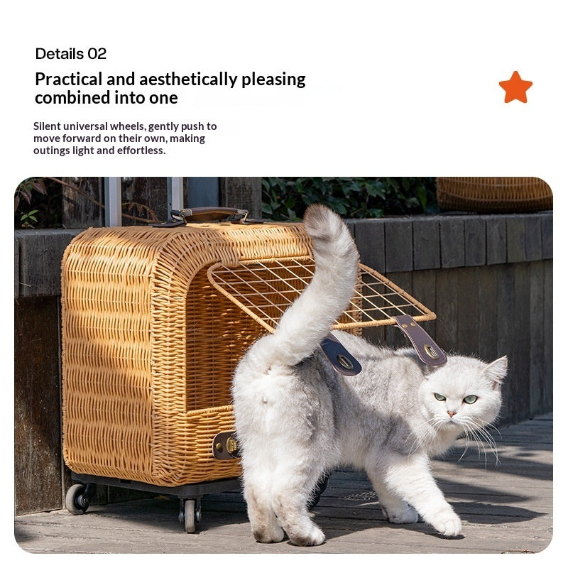 Portable Woven Rattan Cat Carrier With Ventilation And A Pull Handle For Outings