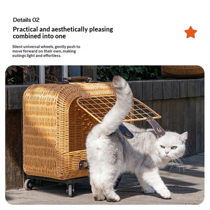 Portable Woven Rattan Cat Carrier With Ventilation And A Pull Handle For Outings