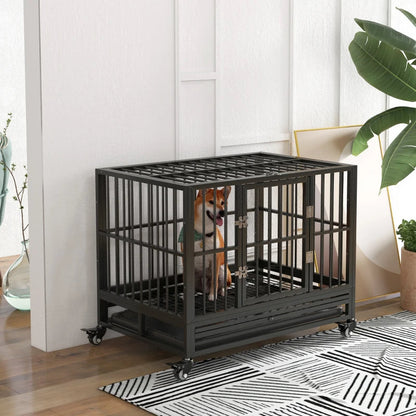 Heavy Duty Dog Crate Metal Cage Kennel With Lockable Wheels, Double Door And Removable Tray, Gray