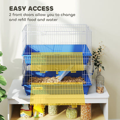 2-Tier Guinea Pig Cage, Ferret Cage, Chinchilla Cage, Small Animal Cage Indoor with Dish and Bottle, 2 Doors, Deep Bottoms, Ramp, 28", Blue