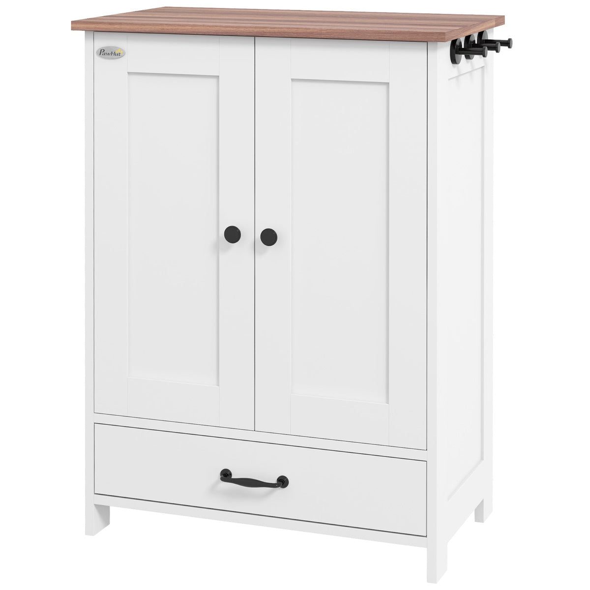 Pet Feeding Station, Dog Food Storage Cabinet w/ Raised Dog Bowls, Adjustable Panel, Hooks for Medium Dogs, White