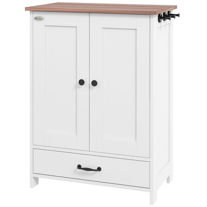 Pet Feeding Station, Dog Food Storage Cabinet w/ Raised Dog Bowls, Adjustable Panel, Hooks for Medium Dogs, White